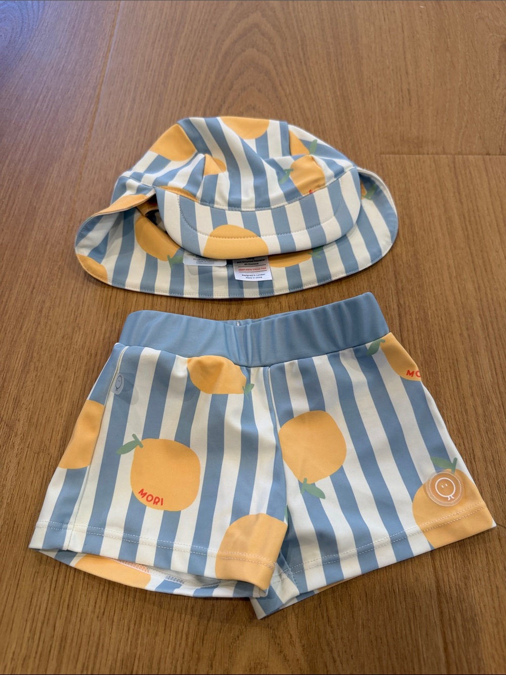 MORI Blue Stripe & Yellow Orange Kids Swim Set - Hat & Shorts